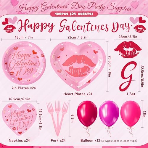 109PCS Happy Galentine's Day Party Supplies,Pink Love Heart Disposable Paper Plates Napkins Cups Forks Dinnerware for 24 Guest,Banner Balloons for Valentines Anniversary Wedding Engagement - Image 2