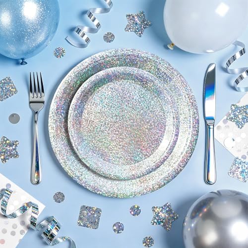Silver Iridescent Party Plates and Napkins, 75 Pcs Party Decorations Set - Image 5