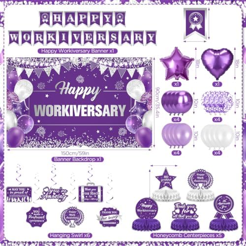 Happy Workiversary Decorations for Women Purple Silver Work Anniversary Banner Honeycomb Centerpieces Hanging Swirls Balloons Set for Office Employee Worker Anniversary Appreciation Party Supplies - Image 3