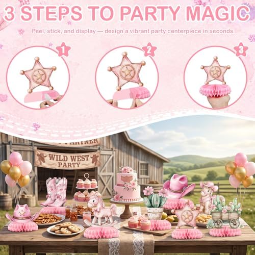 12 Pcs Cowgirl Baby Shower Decorations for Girl - Western Cowgirl Party Supplies - Pink Rodeo Boots Hat Horse Centerpieces for Tables - Cowgirl Honeycomb Table Decor for Baby Shower and 1st Birthday - Image 3
