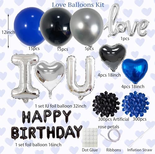 Blue Black Silver Balloons with I LOVE YOU & HAPPY BIRTHDAY Foil Balloons & Rose Petals for Romantic Special Night, Anniversary, Valentine Day, Birthday Decorations for Him, Bedroom, Hotel Room - Image 2