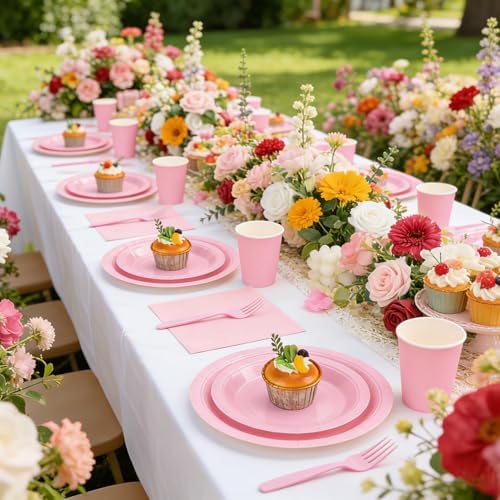 Light Pink Plates and Napkins Party Supplies, Include 9’’ Pink Disposable Paper Plate, 7’’ Dessert Plates Cups Napkins Forks Set for Birthday, Baby Shower Wedding, Party Decorations for Serves 25 - Image 5