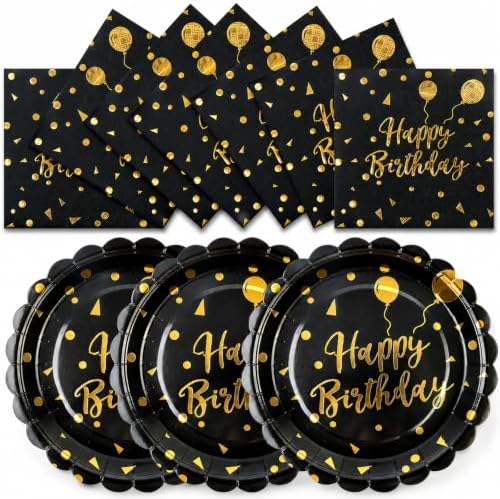 50PCS Happy Birthday Paper Plates and Napkins - 7 Inch Birthday Cake Plates Scalloped Black and Gold Dessert Plates and 6.5 Inch Napkins Disposable Tableware Set, Serves 25 by Unknown