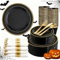 350 Pieces Black and Gold Plastic Plates with Disposable Silverware, Include 50 Dinner Plates 9”, 50 Dessert Plates 6.3”, 50 Black Cups 9 OZ, 50 Pre Rolled Napkins for Wedding/Party/Birthday/Halloween by WDF