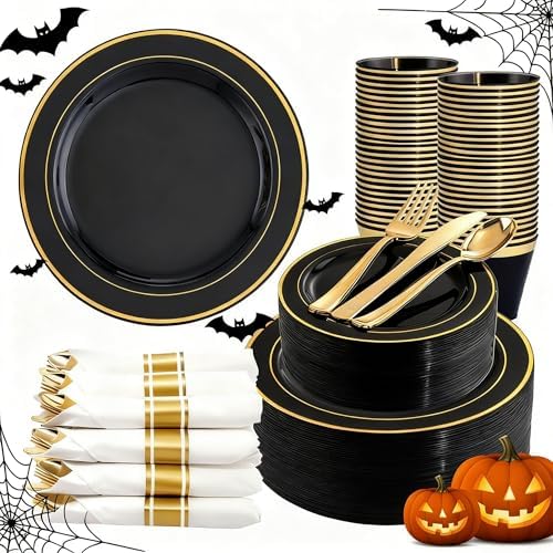 350 Pieces Black and Gold Plastic Plates with Disposable Silverware, Include 50 Dinner Plates 9”, 50 Dessert Plates 6.3”, 50 Black Cups 9 OZ, 50 Pre Rolled Napkins for Wedding/Party/Birthday/Halloween by WDF