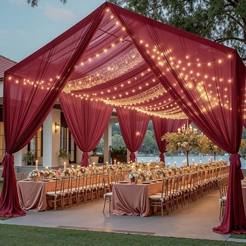 Burgundy Ceiling Drapes with Lights for Weddings, 6 Panels 5ftx20ft Sheer Tulle Curtain Drapes for Wedding Ceremony Birthday Party Arch Decoration - Image 7