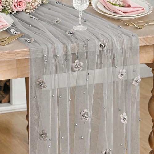 Artoid Mode Gray Flower Pearl Gray Gauze Table Runner 10FT, Seasonal Sheer Dining Holiday Wedding Birthday Baby Shower Table Decor for Home Party by ArtoidMode