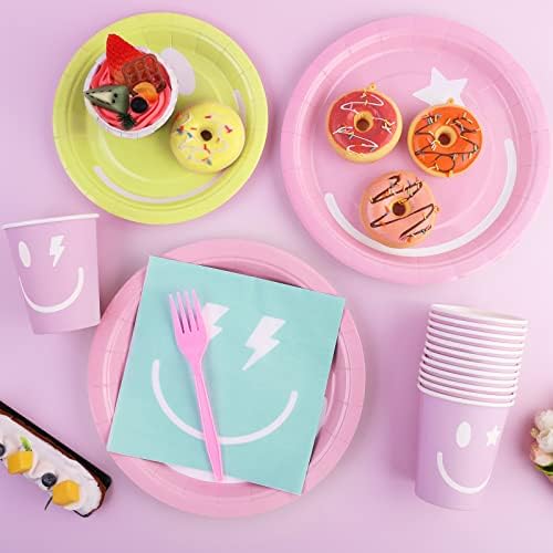 durony 144 Pieces Preppy Smile Face Party Tableware Set Party Decorations Include Smile Face Paper Plates Napkins Cups and Forks for Preppy Birthday Party Baby Shower Decor, Serve 24 Guest - Image 3