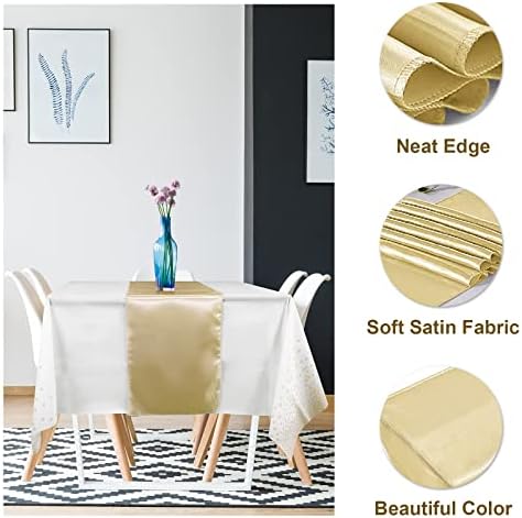 8Pack Disposable Plastic Tablecloths and Satin Table Runner Set White and Gold Dot Tablecloth Gold Satin Table Runner for Wedding Birthday Baby Shower Anniversary Christmas New Year Party Decorations - Image 3