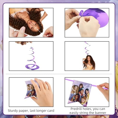 Birthday Party Decorations, Purple Pink Party Supplies Set with Happy Birthday Banner, Backdrop, Balloons, Hanging Swirls Cake Toppers and Cupcake Toppers for Fans Birthday Party - Image 4