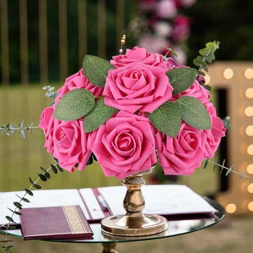 AmyHomie Hot Pink Rose 25pcs Real Looking Artificial Flowers w/Stem - Image 2
