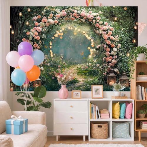 6x6ft Enchanted Forest Wedding Photography Backdrop Wonderland Roses Fairy Tale Backdrop Pink Flower Birthday Newborn Baby Shower Wedding Bridal Party Banner Photo Booth Props Anniversary Background - Image 4