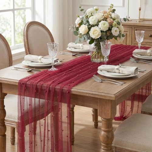 Artoid Mode 6-Pack Pearl Burgundy Gauze Table Runner 10FT Home Decor - Image 3