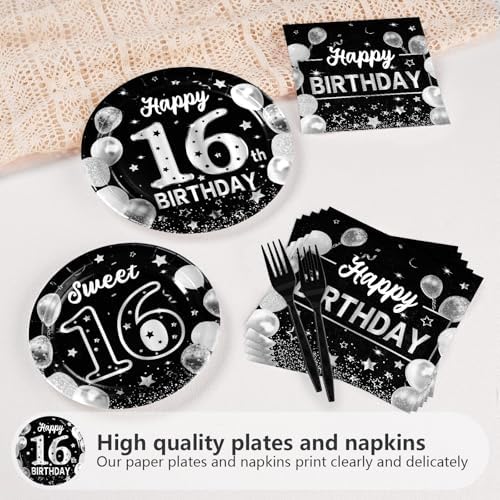 Grencian 96 Pcs Silver Black 16th Birthday Party Decorations, Serves 24 - Image 3
