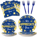 96Pcs We Appreciate You Party Plates and Napkins for Employee Staff Appreciation Blue Gold Supplies Work Anniversary Themed Plate Thank You Tableware Set for Teacher 24 Guests Party Decorations by CHUNNIN