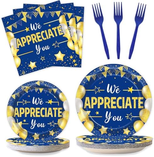 96Pcs We Appreciate You Party Plates and Napkins for Employee Staff Appreciation Blue Gold Supplies Work Anniversary Themed Plate Thank You Tableware Set for Teacher 24 Guests Party Decorations by CHUNNIN