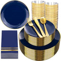 NOCCUR 350PCS Navy Blue Plastic Plates - Blue Disposable Dinnerware Set for 50 Guests, 100 Dinner/Dessert Plates, 150 Gold Silverware, 50 Cups&50 Napkins for Party/Wedding/Graduation/Independence Day by NOCCUR