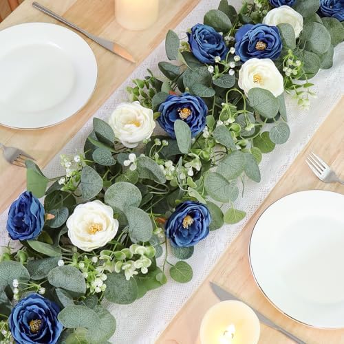 TOCHGREEN 2 Pack Artificial Eucalyptus Flower Garland with White Blue Roses - Image 2