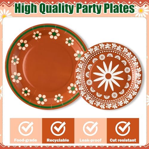 96Pcs Platos De Barro Mexicanos Cielito Lindo Terracotta Clay Party Plates Supplies Tableware Decorations Disposable Paper Plates Napkins Forks for Birthday Wedding Baby Shower, Serves 24 - Image 3