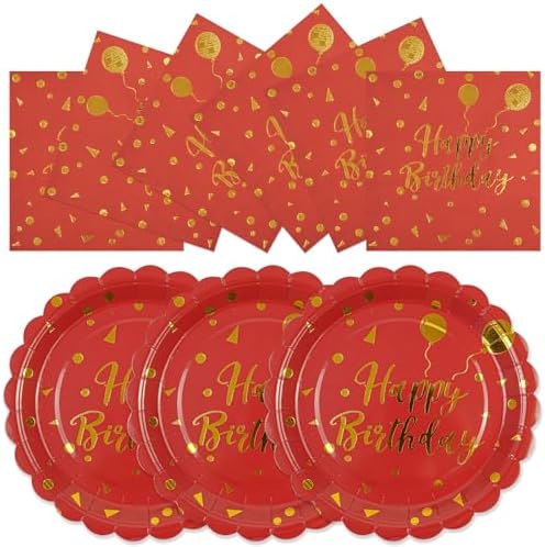 50PCS Happy Birthday Paper Plates and Napkins Party Decorations - 7 Inch Scalloped Red and Gold Dessert Plates and 6.5 Inch Napkins Disposable Tableware Set Birthday Party Supplies, Serves 25 by Unknown