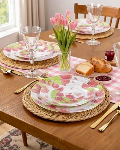 Hioasis 60 Pcs Disposable Plates, Pink Tulip & Butterfly, Pearl Trim - Image 2