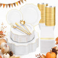 WDF 350PCS White and Gold Plastic Plates - Gold Plates Disposable 50Guest Plastic Dinnerware Ideal for Party/Wedding/Birthday/Thanksgiving/Fall/Rosh Hashanah by WDF