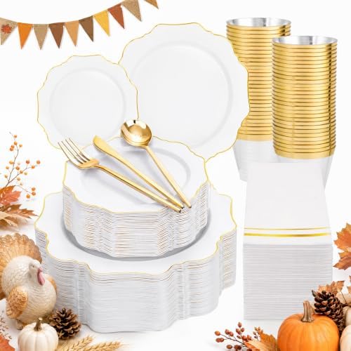 WDF 350PCS White and Gold Plastic Plates - Gold Plates Disposable 50Guest Plastic Dinnerware Ideal for Party/Wedding/Birthday/Thanksgiving/Fall/Rosh Hashanah by WDF