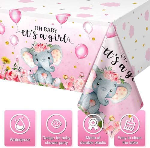 3 Pack Elephant Baby Shower Decorations - Plastic Tablecloth Table Cover Backdrop for Boy Girl Gender Party Supplies, 54 x 108 Inch, Pink - Image 3