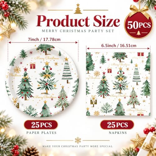 50PCS Happy Birthday Plates and Napkins, 7inch Colorful Dots Cake Dessert Plates Disposable Paper Dinnerware Set Party's Supplies Decorations (Xmas, 7 Inch) - Image 3