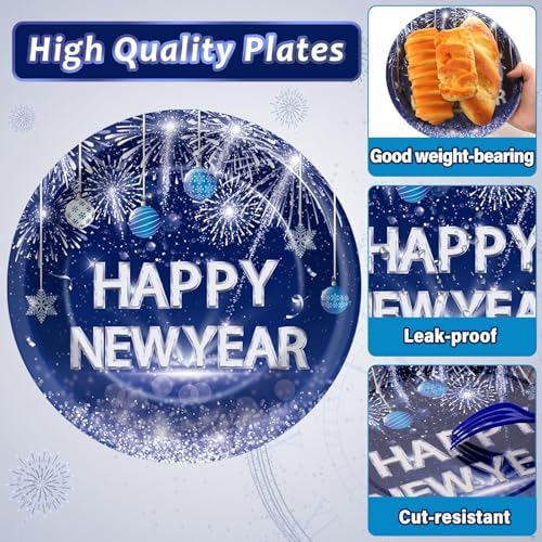 100PCS Happy New Year Party Plates and Napkins Party Supplies Blue 2026 New Year's Eve Platters Dessert Cake Tableware Set Party Decor Favor for New Year Evening Party Celebration Decoration Serves 25 - Image 4