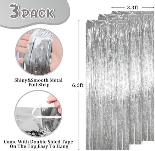 Voircoloria Silver Foil Fringe Backdrop Curtains, 3.3x6.6ft, 3pcs - Image 3