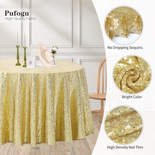 Pufogu 120" Round Gold Sequin Tablecloth Glitter White Table Cloths for Birthday Wedding Bridal Baby Shower Party Decorations - Image 3