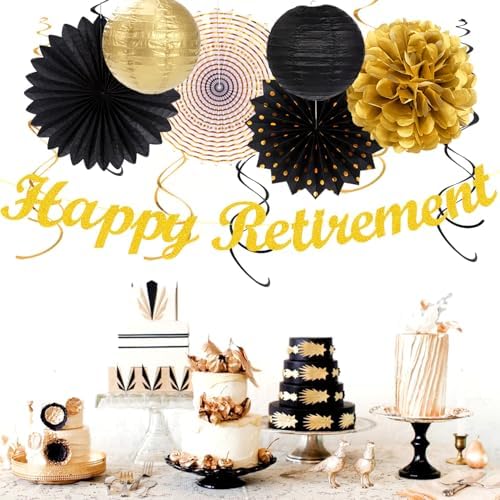 Black Gold Happy Retirement Party Decorations Banner Women Men Huglony - Image 5