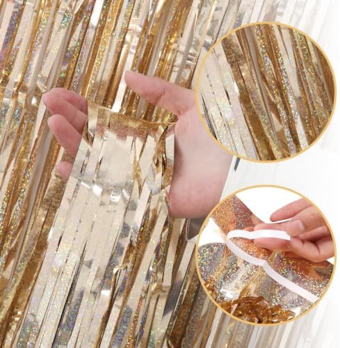 5 Pack Champagne Foil Curtain Backdrop 3.2ft x 9.8ft Metallic Tinsel Foil Fringe Curtains Streamer Photo Booth Backdrop for Birthday Party Engagement Bachelorette Party Decorations (Sparkle Champagne) - Image 4