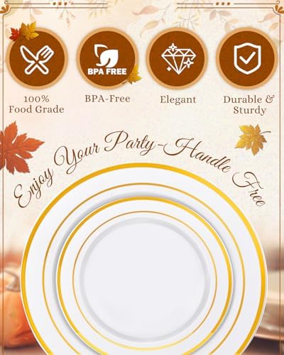 bUCLA 150PCS Gold Plastic Plates Disposable - Heavy Duty Gold Plates Include 25 Dinner & 25 Dessert Plates,25 Forks,25 Knives,25 Spoons&25 Cups for Party, Thanksgiving, Fall Harvest & Autumn - Image 3