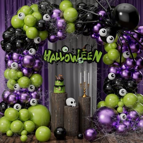 Halloween Balloon Garland Arch Kit, 131Pcs DIY Haloween Party Supplies Matte Black Metallic Purple Lime Green Balloon with Eye Balloons for Halloween Day Haunted House Theme Party Decorations by ADOINBY
