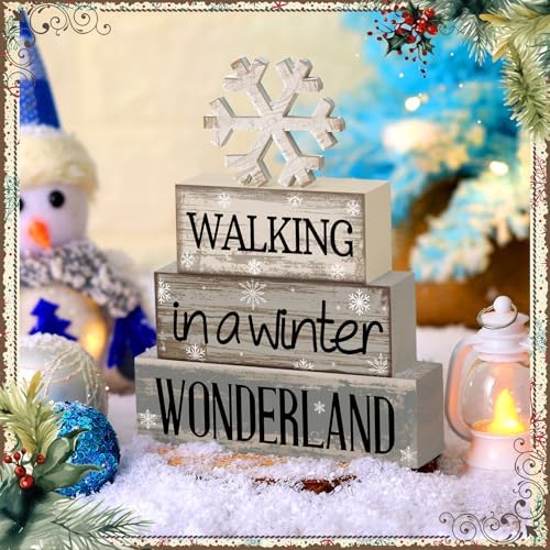 Moucuny 4 Pcs Snowflake Decorations Wooden Block Signs Winter Farmhouse - Image 4
