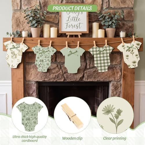 Frienda Woodland Baby Shower Banner, Sage Green Paper Onesie Garland - Image 6
