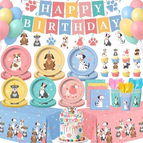 198 Pcs Pet Dog Birthday Party Supplies (Serves 24), Vintage Puppy Face Party Tableware Birthday Party Decorations Set Include Banner Plates Napkins Cups Forks Knifes Tablecloth Topper for Party by Kinovo