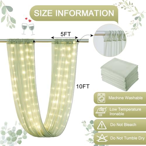 Sage Green Ceiling Drapes with Lights String for Weddings, 6 Panels 5ftx10ft Sheer Tulle Backdrop Photo Background Drapes for Wedding Ceremony Birthday Party Arch Decoration - Image 5