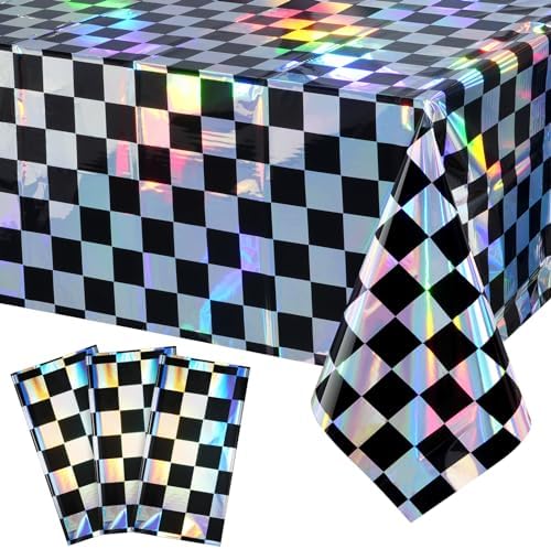 3Pack Black and Iridescent Checkered Plastic Tablecloth, Shiny Disposable Laser Rectangle Table Covers, Holographic Foil Tablecloth Iridescent Party Decorations for Picnic Camping Race Car, 54x108Inch by EnjoyYourFunnyParties