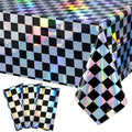 3Pack Black and Iridescent Checkered Plastic Tablecloth, Shiny Disposable Laser Rectangle Table Covers, Holographic Foil Tablecloth Iridescent Party Decorations for Picnic Camping Race Car, 54x108Inch by EnjoyYourFunnyParties