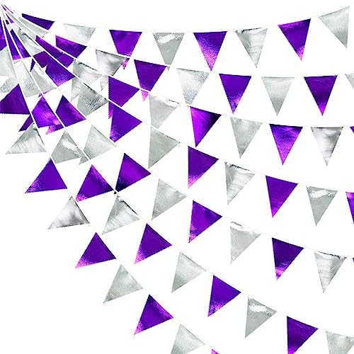 Purple and Silver Party Decorations Triangle Pennant Banner Flag Metallic Fabric Bunting Garland for Birthday Graduation Retirement Bachelorette Wedding Bridal Shower Engagement Disco Party Supplies by pinkblume