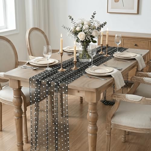 Artoid Mode Black Gauze Flocking White Dots Table Runner 10FT, Halloween Sheer Dining Table Decor for Wedding Anniversary Holiday Birthday Home Party - Image 4