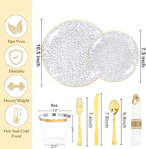Rubtlamp 700Pcs Gold Plastic Dinnerware Set, Hammered Clear Gold Plates, Fancy Plastic Plates Include 100 Dinner Platos,100 Salad Platos,100 Cups,100 Pack Pre Rolled gold plastic Silverware - Image 2