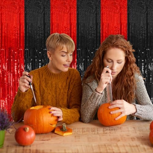 2 Pack Black and Red Backdrop Party Decorations Tinsel Curtain Halloween Party Streamer Foil Fringe Birthday Decorations Photo Booth Fancy Ball Christmas New Year Graduation Party Decor Decor - Image 3