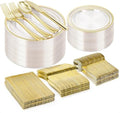 BESTVIP 300 Pcs Clear Gold Plastic Dinnerware Set for 50 Guests by Bestvip