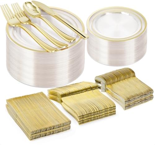 BESTVIP 300 Pcs Clear Gold Plastic Dinnerware Set for 50 Guests by Bestvip