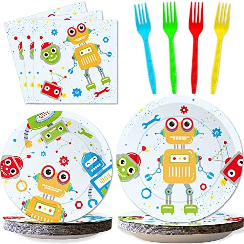 Wiooffen 96pcs Robot Birthday Party Decorations Supplies Paper Plates Napkins Disposable Cake Dessert Tableware Set Robots Theme Baby Shower Favors For Boys Kids, Serve 24 by Wiooffen