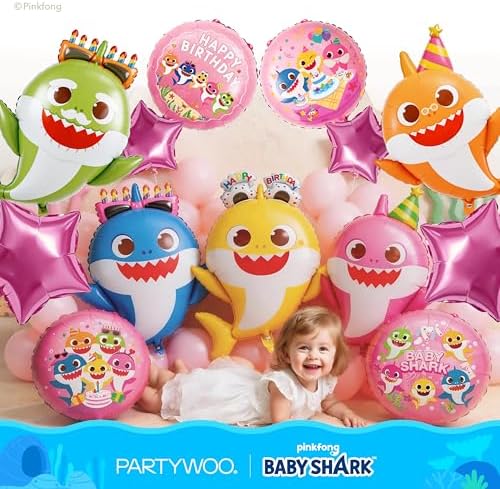 PartyWoo Baby Shark Pink Round Star Mylar Helium Boys Foil Balloons 13pcs - Image 2